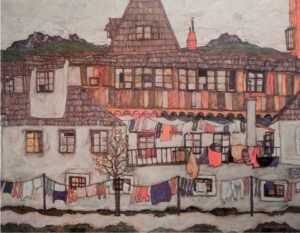 Egon Schiele | Li0378 | Casa de periferia con panniu stesi ad asciugare, 1917